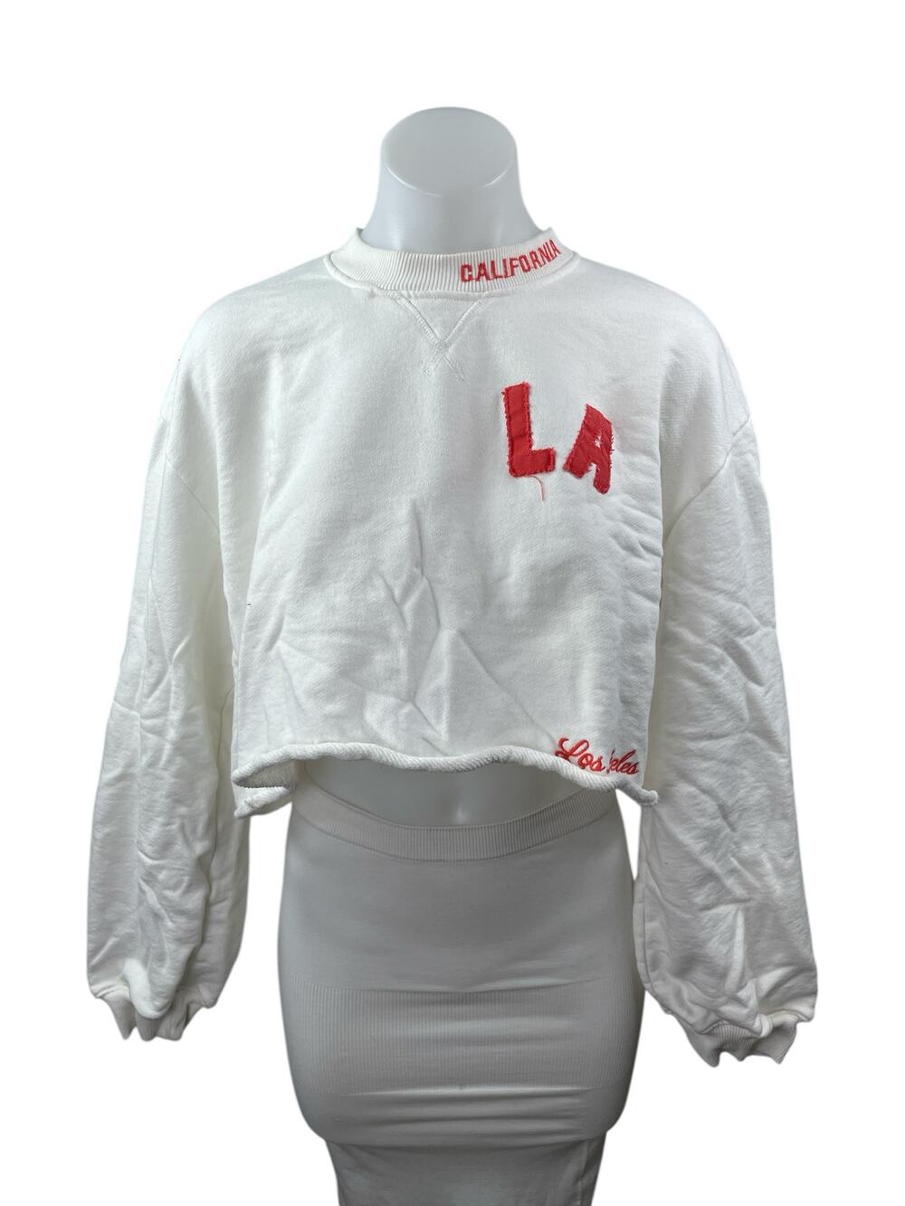 Zara LA Women's Embroidery Patchwork Plush Crop Varsity Sweater Sweatshirt Top S